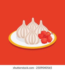 Ilustración vectorial de estilo plano de postre dulce Modak en un plato, acompañado de una flor de hibisco rojo. Perfecto para celebrar el feliz Festival Ganesh Chaturthi con modak. EPS 10