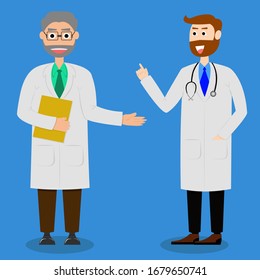 Flat style vector illustration of team doctors on a white background. Vector illustration in flat style. Medical doctors. Vector illustration of senior doctors.