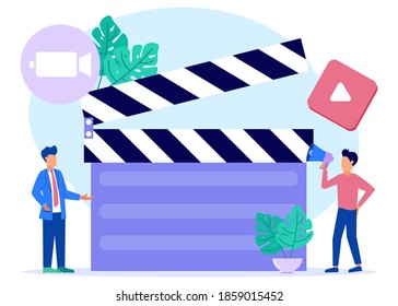 Flat style vector illustration, teamwork in video production. Make good quality movies. For websites, landing pages, mobile apps, posters and banners.