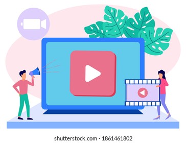 Flat Style Vector Illustration, Teamwork In Video Production. Make Good Quality Movies. For Websites, Landing Pages, Mobile Apps, Posters And Banners.