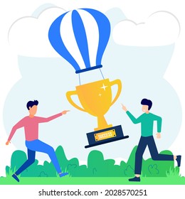 Ilustración vectorial de estilo plano del trabajo en equipo, logro de objetivos, trofeo como símbolo de éxito.