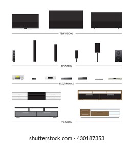 Flat Style vector illustration of television, electronics and racks.