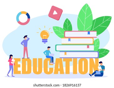 Flat style vector illustration. Text on educational topics. Young people get knowledge from books and the internet. design composition for school only.
