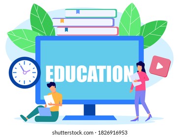 Flat style vector illustration. Text on educational topics. Young people get knowledge from books and the internet. design composition for school only.