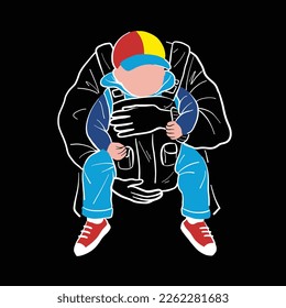 flat style vector illustration of toddler boy wearing colorful clothes while being carried by his parents. white line art style isolated on black background. suitable for designing children's clothes,