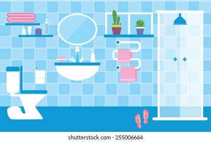 Flat style vector illustration. Toilet and bathroom interior with furniture in blue colors