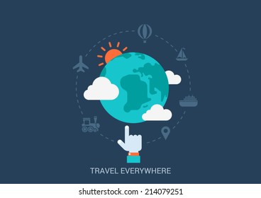 Flat style vector illustration travel tourism booking concept. Globe hand transport icons clouds weather. Big flat conceptual collection.