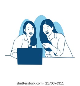 flat style vector illustration Two Beautiful young women sitting at the table using a laptop work from home