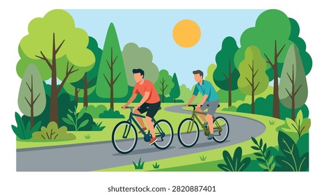 Flat style vector illustration of two male friends riding bicycles together along a scenic park path surrounded by nature. Perfect for friendship campaigns, healthy lifestyle, outdoor recreation and community activities