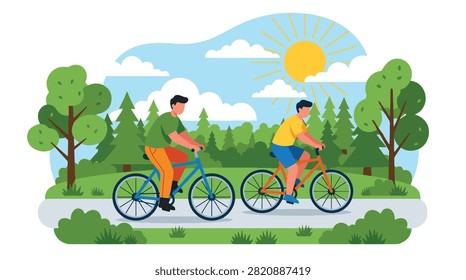 Flat style vector illustration of two male friends riding bicycles together along a scenic park path surrounded by nature. Perfect for friendship campaigns, healthy lifestyle, outdoor recreation and community activities