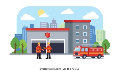 Flat style vector illustration of two firefighters standing outside a fire station with a fire truck, perfect for emergency services, public safety, rescue, and teamwork