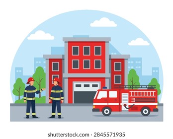 Flat style vector illustration of two firefighters standing outside a fire station with a fire truck, perfect for emergency services, public safety, rescue, and teamwork