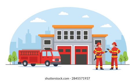Flat style vector illustration of two firefighters standing outside a fire station with a fire truck, perfect for emergency services, public safety, rescue, and teamwork
