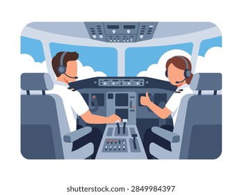 Flat style vector illustration of two male airline pilots operating a commercial airplane together inside the cockpit