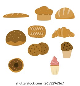 Ilustração de vetor de estilo plano de vários pães e pastéis, incluindo croissants, pães e pães. Colorido, bonito e perfeito para designs ou menus com temas alimentares