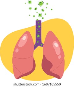 Flat style vector illustration of virus through bronchi to lungs, cause of respiratory illness. Coronavirus to lungs, COVID-19