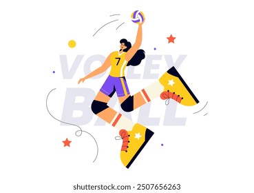 Eine flache Vektorgrafik eines Volleyballspielers auf dem Angriff, für eine Sportwettbewerbsserie mit Cartoon-Hintergrund