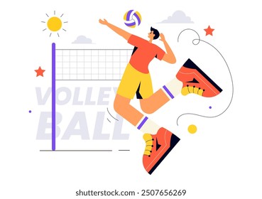 Una Ilustración vectorial de estilo plano de un jugador de voleibol en el ataque, para una serie de competencia deportiva con un fondo de dibujos animados