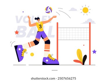 Eine flache Vektorgrafik eines Volleyballspielers auf dem Angriff, für eine Sportwettbewerbsserie mit Cartoon-Hintergrund