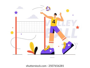 A Flat Style Vector Illustration of a Volleyball Player on the Attack, for a Sports Competition Series with a Cartoon Background