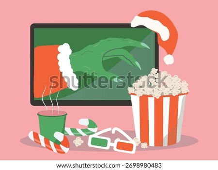 Flat style vector illustration. Watching movies on Christmas Eve. TV, popcorn, and candy.
