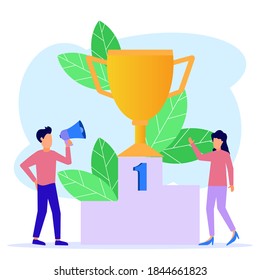 Ilustración vectorial de estilo plano. El equipo ganador con el trofeo de oro en el podio. El concepto de liderazgo y logro.
