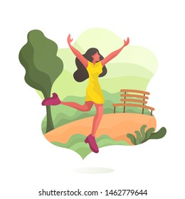 Flat style vector illustration - Woman walking and jumping in the park. She is feels healthy, fresh and very happy.