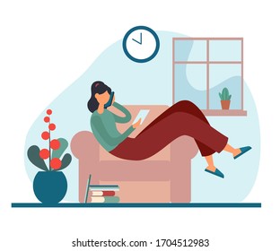 Flat style of vector illustration with woman sitting in armchair at home checking note and having call via mobile phone working remotely