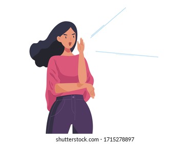 Ilustración vectorial plana de la mujer gritando. Concepto de anuncio para publicidad o promoción o venta, para informar o anunciar.  