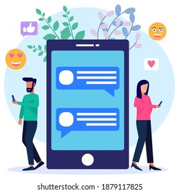 Flat style vector illustration. a woman and a guy are chatting, making friends with big phone and emojis in the background. Virtual dating and relationship app. Chat balloon.