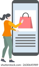 Flat style vector illustration of a woman shopping online using a large smartphone interface. 
