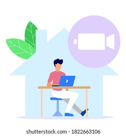 Flat style vector illustration. Working from home with the online video concept, business people working with laptops, staying at home in quarantine during the Coronavirus Outbreak.