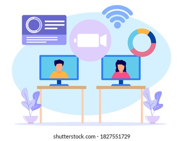 Flat style vector illustration. Working from home with the online video concept, business people working with laptops, staying at home in quarantine during the Coronavirus Outbreak.