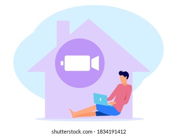 Flat style vector illustration. Working from home with the online video concept, business people working with laptops, staying at home in quarantine during the Coronavirus Outbreak.