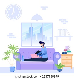 Flat style vector illustration of working from home and communicating with remote workstation company. Freelance job process scene.