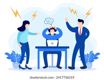 Flat style vector illustration of working under pressure concept. Mental disorders and personal fatigue. Job demands, deadlines and company targets.