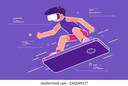 Flat style vector illustration of a young boy with VR headset riding the cell phone.