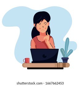 flat style vector illustration, young woman is trying to remember something. for website landing page, poster, pamphlet or any design needs.