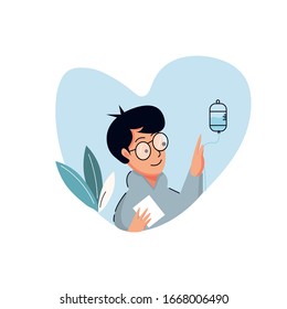 ilustración vectorial de estilo plano, el joven médico comprueba la infusión y mantiene una prescripción. para la página de inicio del sitio web, póster, panfleto o cualquier necesidad de diseño.

