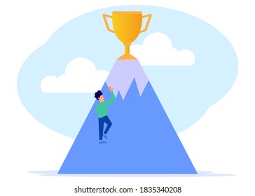 Flat style vector illustration. A young businessman climbing to the top of the mountain is a golden trophy. The concept of leadership and achievement.