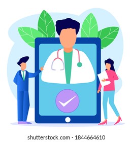 Flat style vector illustration. Young men and women consulted doctors online using their own concepts of computer, telemedicine and online doctors.