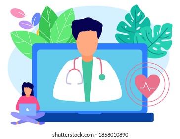 Flat style vector illustration. The young woman consulted doctors online using his computer, telemedicine and online doctor concepts.