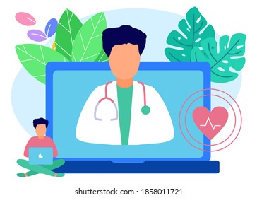 Flat style vector illustration. The young man consulted doctors online using his computer, telemedicine and online doctor concepts.