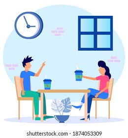 Flat style vector illustration. Young men and women relaxing on work breaks, talking in cafes with a cup of coffee.