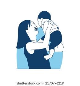 ilustración vectorial de estilo plana madre joven sosteniendo a su lindo bebé, Día de la Madre
