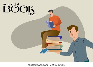 Flat style vector illustration of young man sitting near stack of books reading. The concept of learning or online library, e-book, online education. 