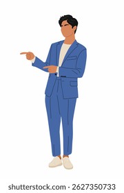Flat style vector illustration of young businessman in blue suit standing full length and pointing to the side. Professional male character presenting product or service, isolated on white