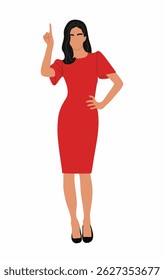 Flat style vector illustration of young businesswoman in office dress standing full length and pointing upward. Professional female character presenting product or service, isolated on white