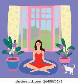 Flat style vector illustration of a young woman practicing yoga indoors, sitting in a lotus pose on a blue mat. Surrounded by potted flowers and a white cat