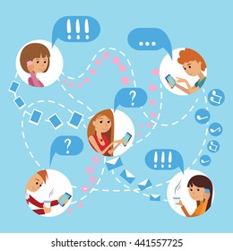 Flat style vector illustration of young people online social media communications infographic concept vector set. Man woman with tablet phone laptop.